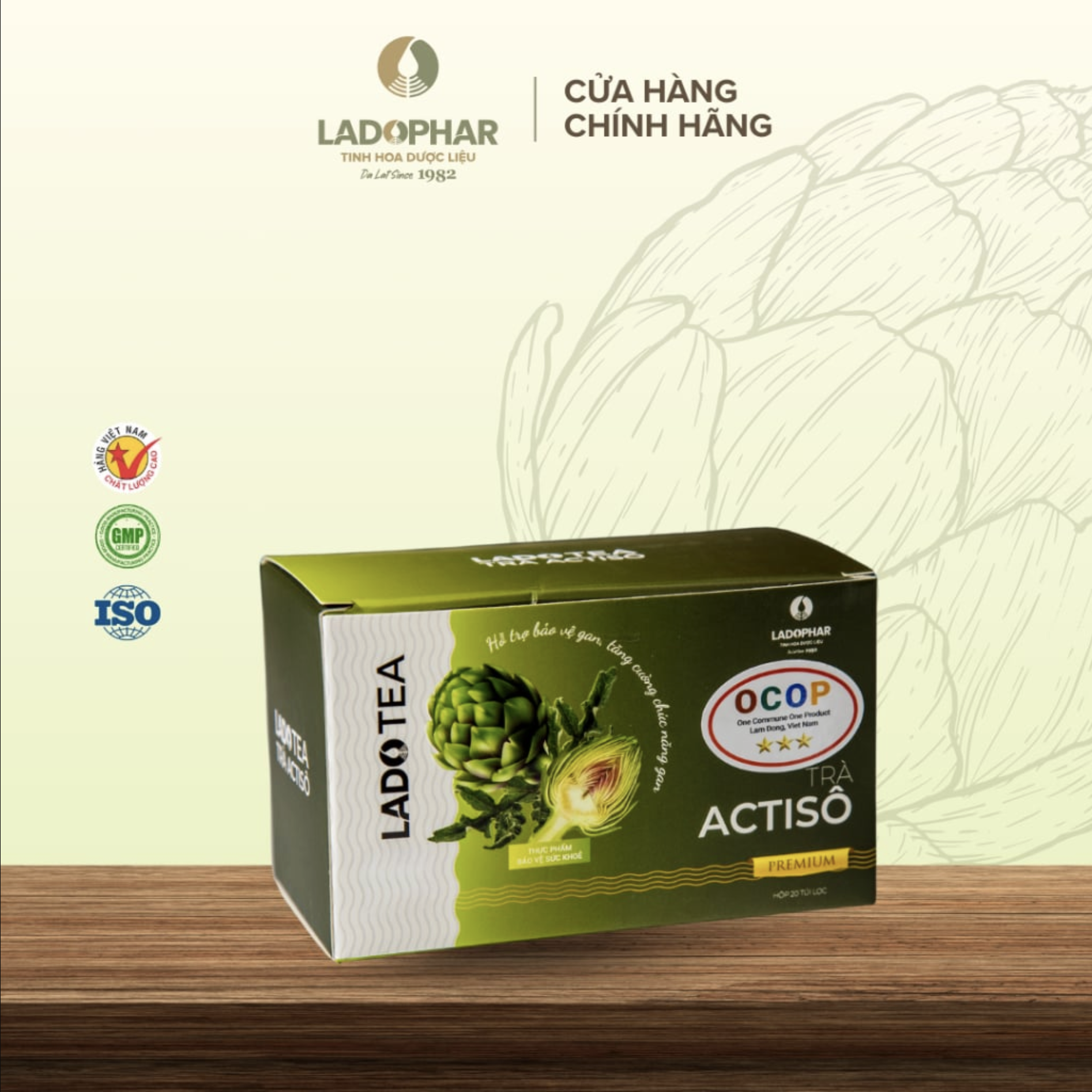 Hình ảnh LADO TEA Trà Actiso nhỏ gọn, bao gồm 20 túi lọc bên trong