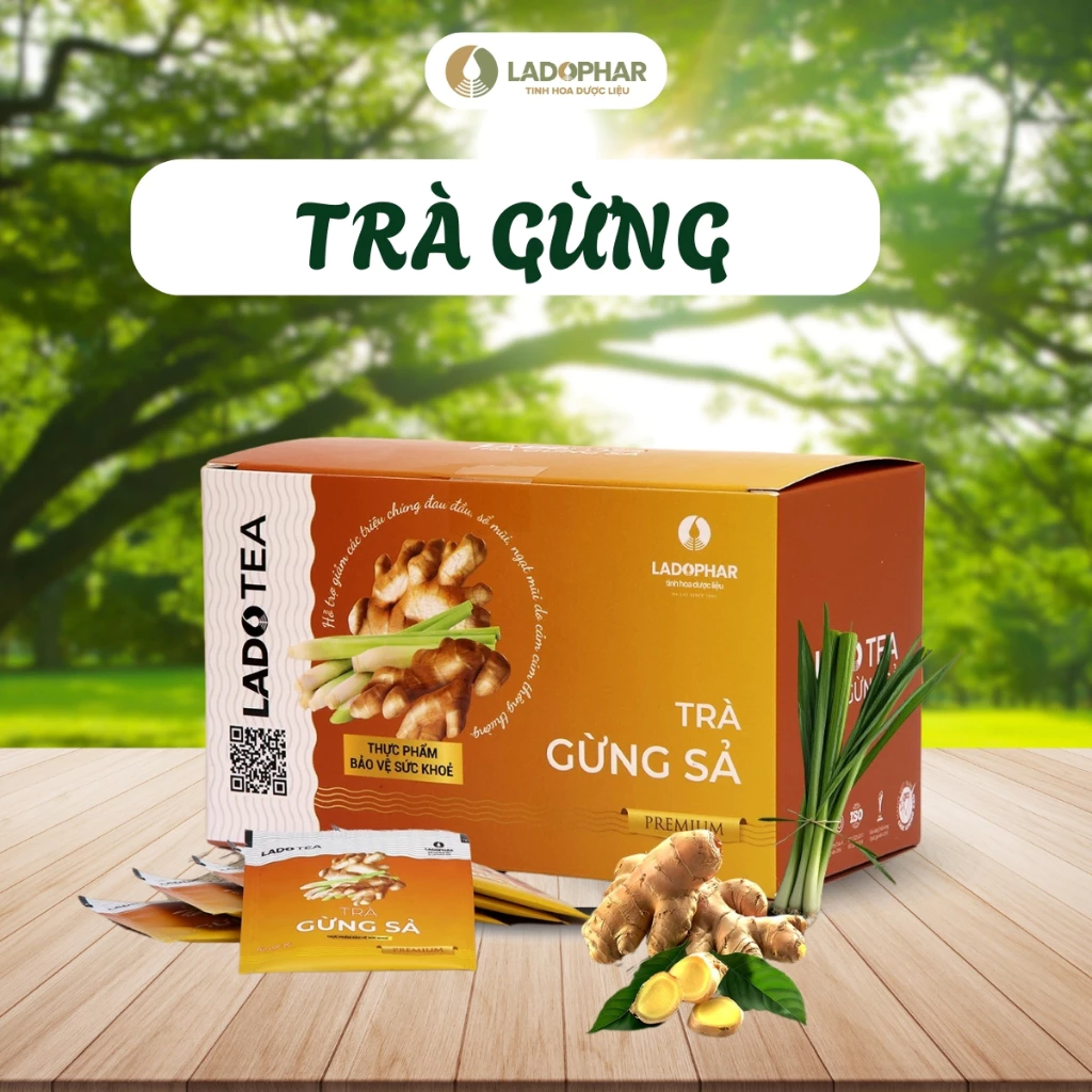 Hộp Trà Gừng với các túi trà nhỏ, bên phải là thành phần gừng và sả